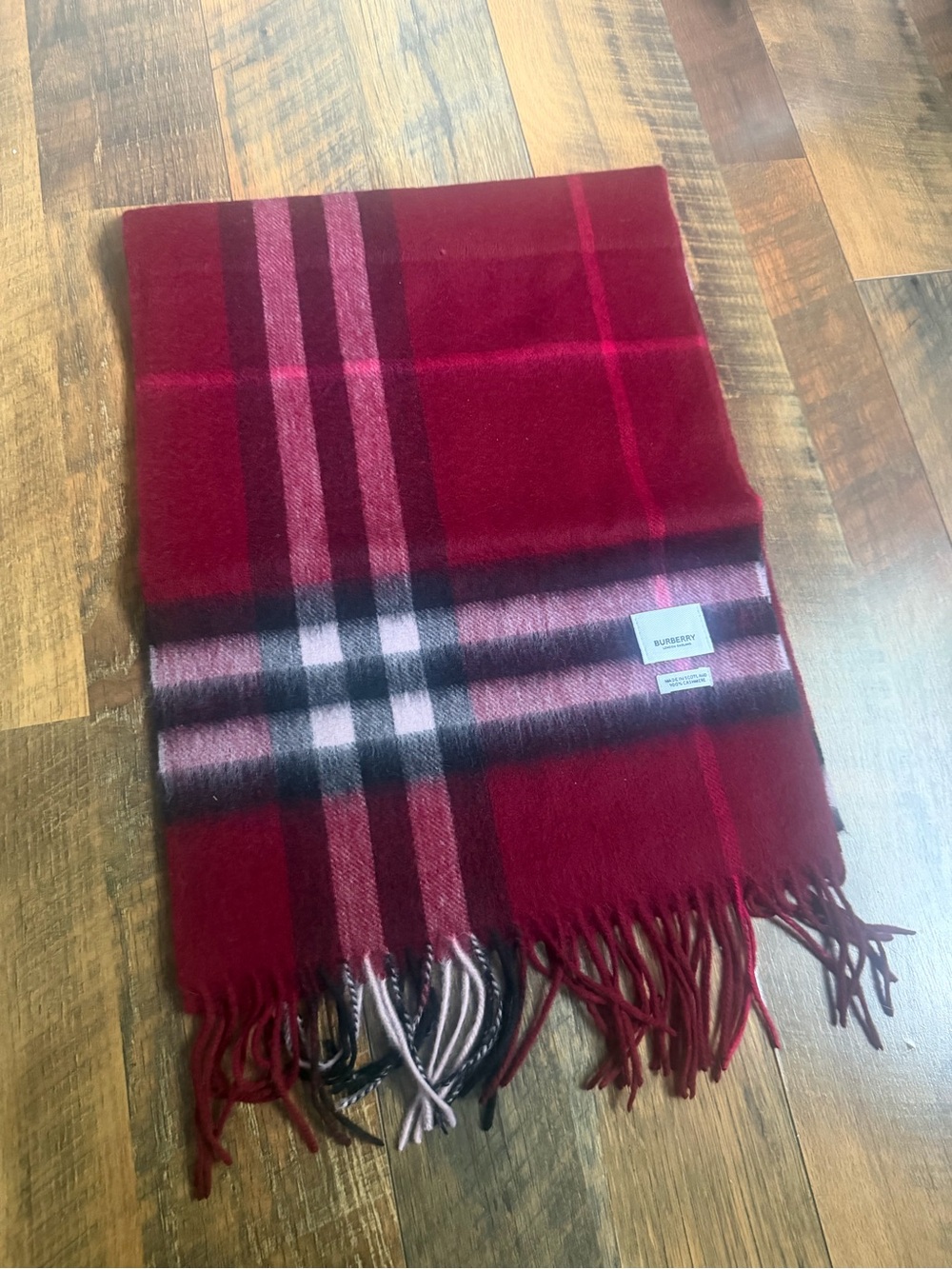 Burberry Red Plaid Fringe Cashmere Wrap